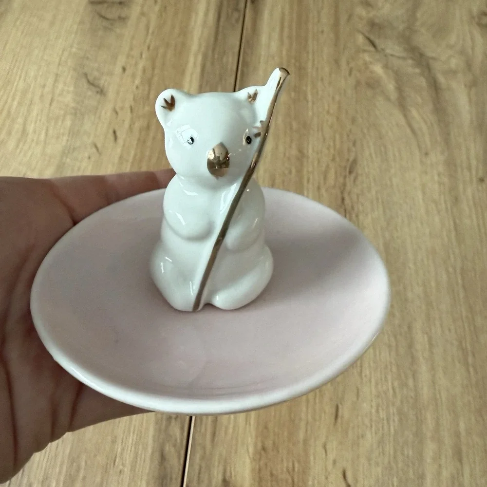 Trinket Dish Pink White Bear Gold Porcelain Gold Cute Girls Room